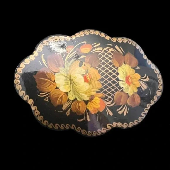 Vintage 60s-70s Hand Painted Floral Wooden Brooch Pin Black Signed - Picture 2 of 5